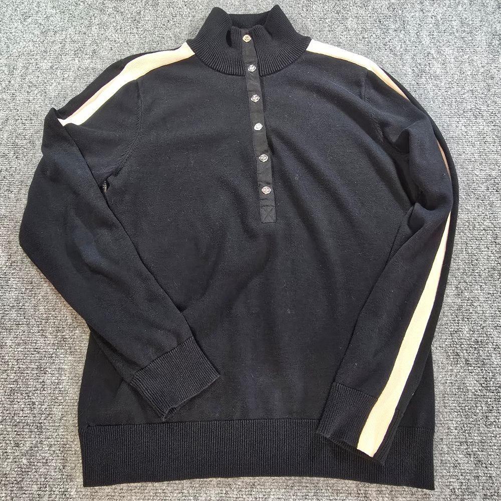 Ralph Lauren Womens 1/4 Button Pullover Black White Stripe Large